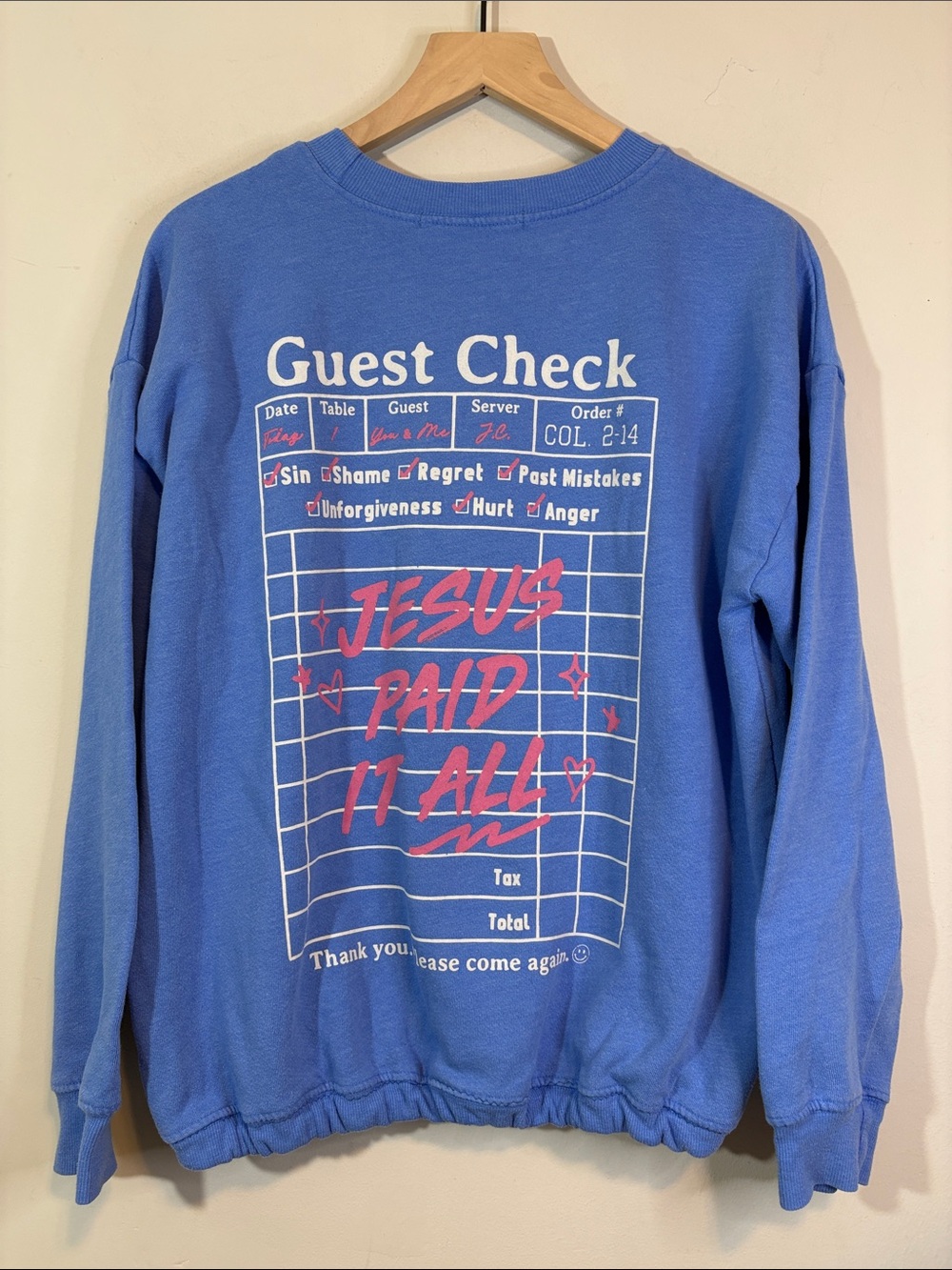 Periwinkle “Jesus Paid It All" Guest Check Graphic Christian Crewneck Sweatshirt
